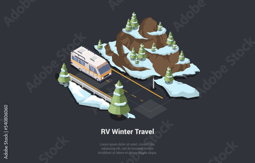 Concept Of Adventures, Hiking, Family Traveling And Winter Vacations. Camper Van In Forest Riding By Road. Christmas Outdoor Family Travel In Snowy Mountains. Isometric 3d Cartoon Vector Illustration