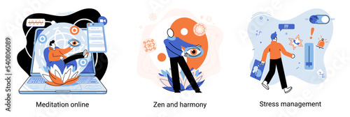 Meditation online. Self-management, self regulation learning, self-organization course, control over emotions metaphor Online yoga at home meditating. Deals with stress management, zen and harmony