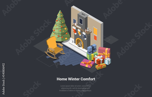 Christmas Home Atmosphere. Xmas Celebration, Cozy Atmosphere, Fireplace With Christmas Stockings, Armchair And Candles. Christmas Tree, Prepared Packed Gifts Around. Isometric 3d Vector Illustration