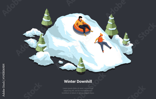 Concept Of Winter Holidays, Family Christmas Vacations. Male And Female Characters Riding Downhill On Snow Tube. Snow landscape, Winter Snow Fun Activities. Isometric 3D Cartoon Vector Illustration