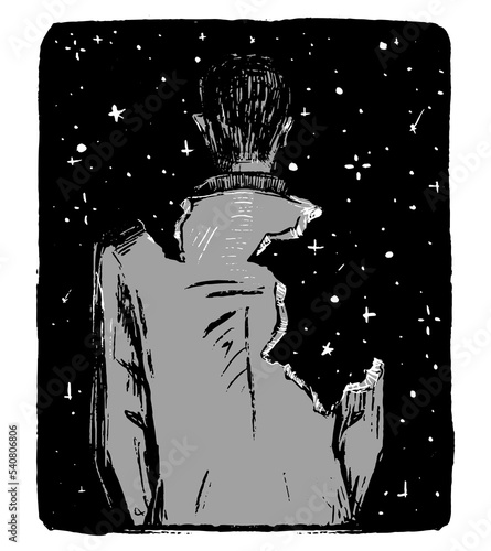 Man breaks down like a sculpture on background of stars. Human soul concept. Monochrome hand drawn vector illustration. Abstract graphic picture isolated on white. Artistic print on vintage style.