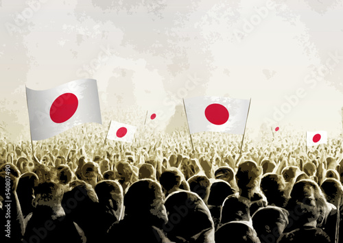 Crowd with the flags of Japan, people cheering national team of Japan. Ai generated illustration of crowd.