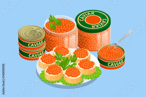 Isometric can of chum salmon caviar and sandwich. Glass jar with large chum salmon caviar, caviar in a tin can. Healthy food, seafood