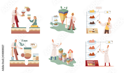 Soil analysis and earth pollution metaphor or structure control. Nutrients microorganism composition research ground layer structure sample. Soil laboratory test. Scientist measuring levels status