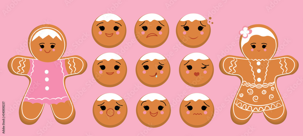 Tasty Christmas cookies and set of different emotions on pink background Tasty Christmas cookies and set of different emotions on pink background