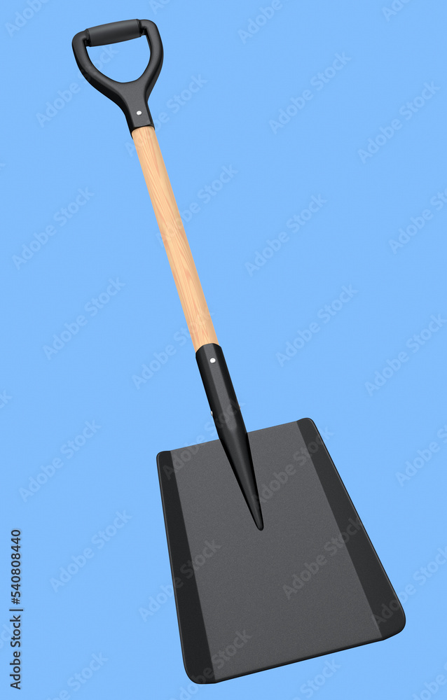 Garden shovel with wooden handle on blue background, summer camping concept Garden shovel with wooden handle on blue background, summer camping concept