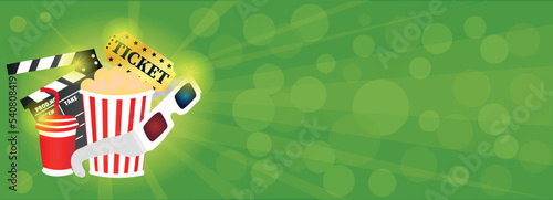 Banner with popcorn, soda drink, ticket, movie clapper and 3D glasses on green background with space for text