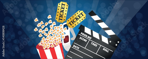 Banner with popcorn, tickets, movie clapper and 3D glasses on dark blue background
