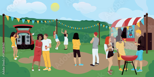 Young people resting at barbecue party outdoors