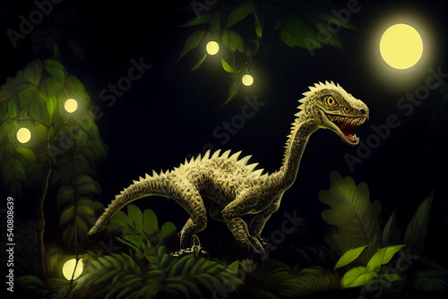 Dinosaur character in prehistoric forest. Dinosaur in the jungle. At night. © Olha