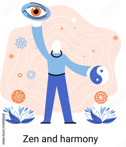 Zen and harmony metaphor, meditation practice. Balance, relaxation, mindfulness. Calm person relaxing. Yoga and spiritual practice, relax, recreation, healthy lifestyle. Japanese cult of mind and body