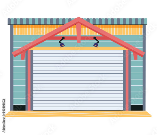 Garage door from various material with mechanical or automatic control system. Roller gate in premises for storing vehicles. Roll door in garage, car house storage isolated on white background