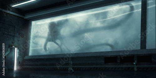 Secret laboratory environment with scientists and an alien (monster) behind glass.