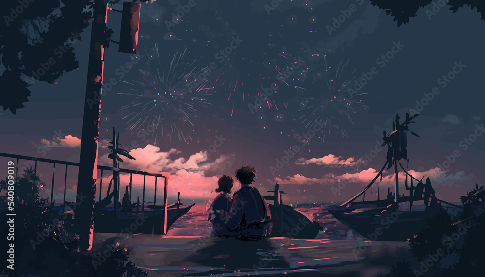 sunset at the beach background anime digital art fantasy Stock Illustration  | Adobe Stock