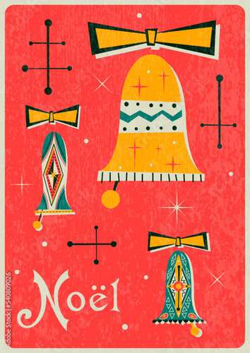 1950s-1960s Retro Style Christmas Bells Celebration Poster. Mid Century Modern Noel Vintage Greeting Card