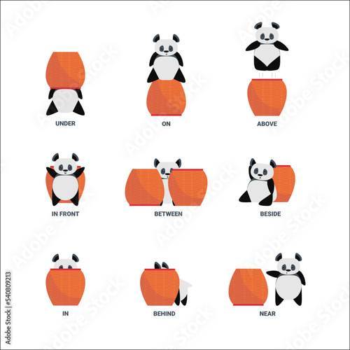 Cartoon Preposition of Place Education Concept with Color Characters Panda Icons Set Flat Design Style. Vector illustration