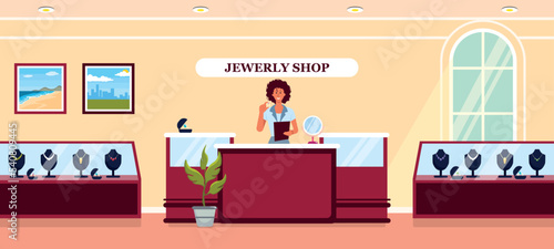 Vector illustration of a modern interior jewelry store. Cartoon interior with racks with rings and necklaces made of precious metals and stones  saleswoman  mirror  paintings.