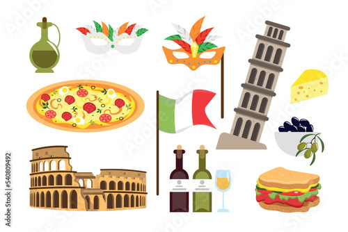 Set of equipment in Italy in cartoon style. Vector illustration of olive oil, pizza, red and white wine, carnival masks, Italian flag, sandwich, colosseum, leaning tower, cheese, olives.