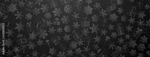 Background made of complex Christmas snowflakes and gift boxes with different patterns, in black colors