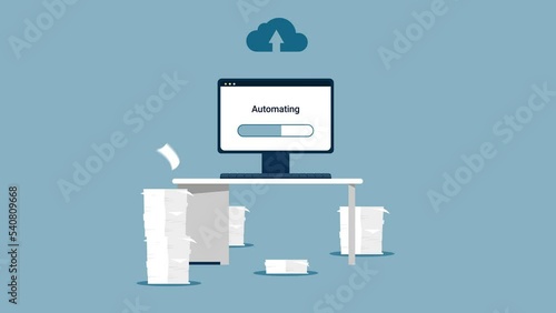 Office work automation - Computer automating and taking over manual paper work with loading bar on screen and uploading to cloud. 2d flat design animation