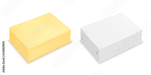 Realistic whole butter block and white paper or foil butter packaging