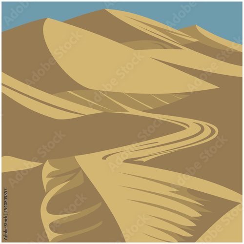 Dunes of golden sand with traces of a car against the sky