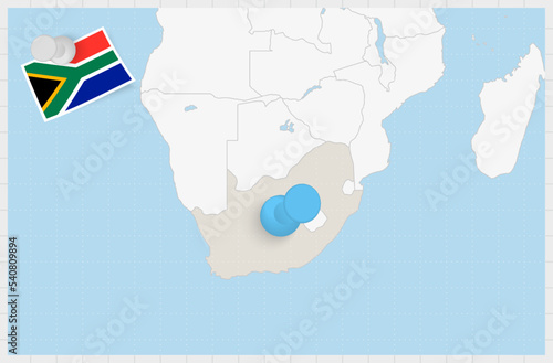 Map of South Africa with a pinned blue pin. Pinned flag of South Africa.
