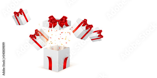 Festive illustration with white gift boxes with red ribbons and bows, pieces of serpentine fly out of it