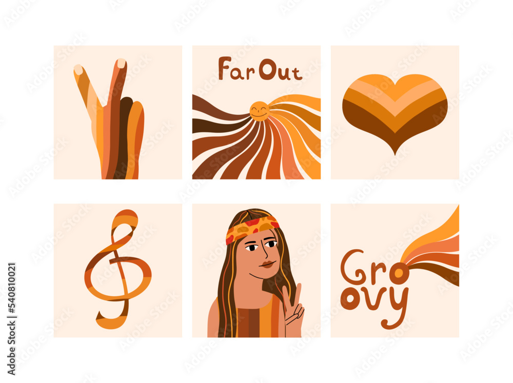 Retro postcard set with hippie, rainbow, peace gesture, heart. Posters in the aesthetics of the 60s, 70s.Vector illustration