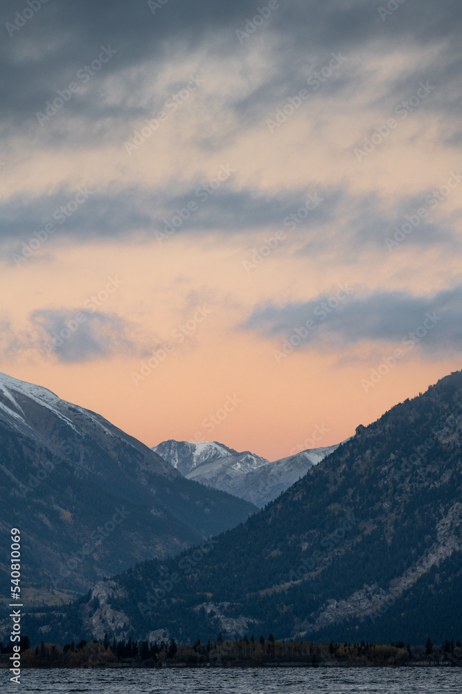 Twin Lakes Colorado at Twilight - Closeup of snowcapped mountains