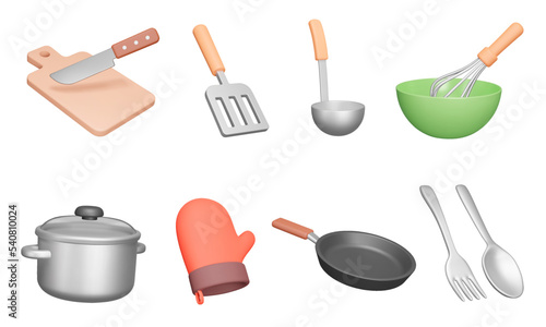 Kitchenware 3d icon set. Kitchen utensils for cooking. Isolated icons, Cutting board, knife, spatula, ladle, whisk, bowl, saucepan, tack, pan, fork, spoon. Cutlery. Objects on transparent background
