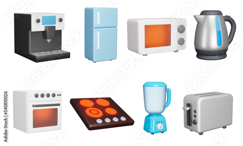 Kitchen appliances 3d icon set. Cooking. Food preparation. Domestic electronics. Fridge, microwave, kettle, oven, hob, blender, toaster. Isolated icons, objects on a transparent background