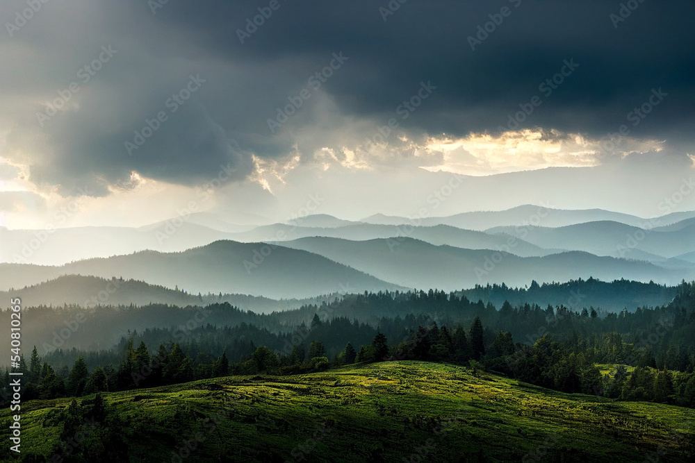 Beautiful mountain landscape with fog and forest. Sunrise in the mountains.