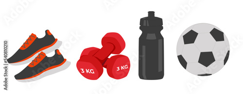 Various sports equipment. Fitness equipment, gym accessories. Dumbbells, soccer ball, sports shoes, sports bottle.