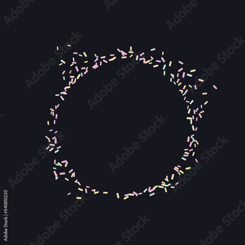 Sprinkle with bright grains of dessert. Round pattern with realistic colorful sweet grains isolated on black. Design for holiday designs, party, birthday, invitation. Vector 3d sweet confetti