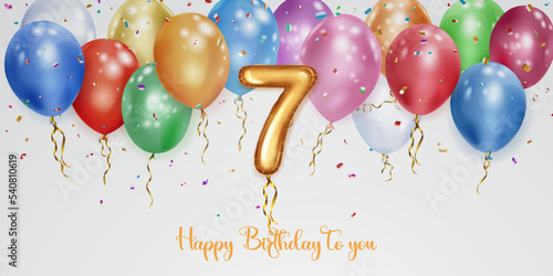 Festive birthday illustration with colored helium balloons, big number 7 golden foil balloon, flying shiny pieces of serpentine and inscription Happy Birthday on white background