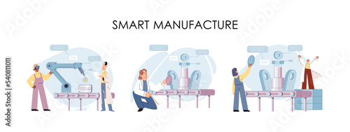 Manufacturing process industry. Scientist robot assembling products. Smart manufacture, automation development metaphor. Smart industry product design, automated production, robots and machinery 4.0