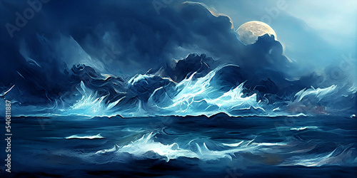 Large ocean waves and at night. Stormy sea at night. Impressive art illustration