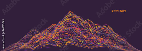 Vector abstract composition made of particles and wireframe. Concept design of digital landscape, data array, signal