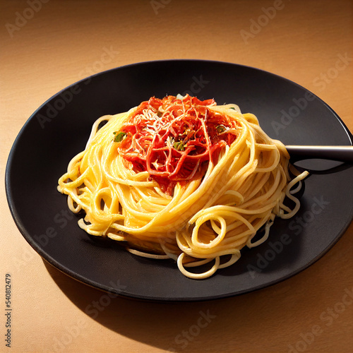 Dark plate with italian spaghetti on wooden table. 