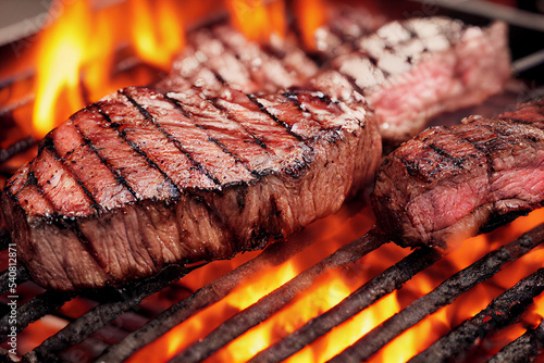 Ribeye steaks cooked on a fire grill. Grilled beef steaks with flame. Close up. photo