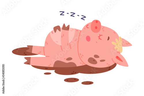 Funny Pink Piggy Character with Hoof Lying in Mud and Sleeping Vector Illustration