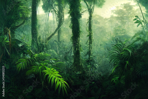 Tropical rainforest landscape. Tropical jungle palm  trees and plants.