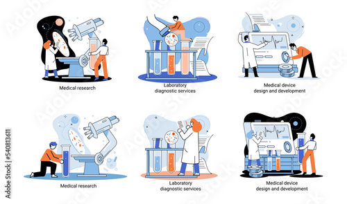 Medical research. Laboratory diagnostic services, medical device design development scenes metaphor. Scientists in hemistry clinic laboratories, microbiology pharmaceutical research. Vaccine discovery