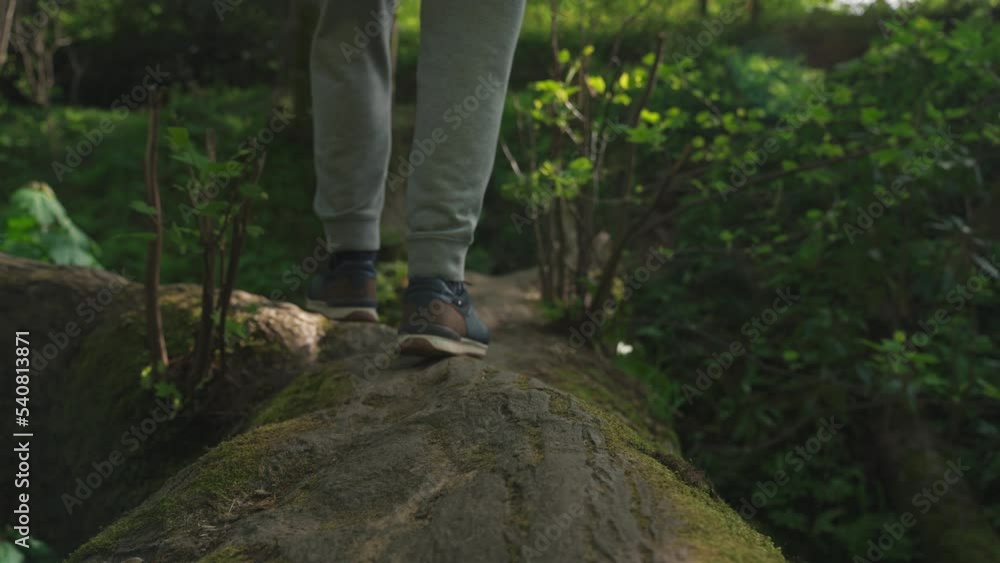 Alone Person Trips and Walking Outdoors in Woodland Nature or Workout in Forest Park. Scene of Adult Male Traveler Explores Tree Trunk in Garden Landscape. Concept of Man Exercises on Legs Closeup 4k Alone Person Trips and Walking Outdoors in Woodland Nature or Workout in Forest Park. Scene of Adult Male Traveler Explores Tree Trunk in Garden Landscape. Concept of Man Exercises on Legs Closeup 4k