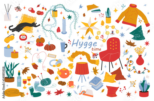 Hygge collection vector illustration in warm bright palette. Home decor and plants and leasure time elements with typography, decorated by autumn leaves and stars Isolated on white background