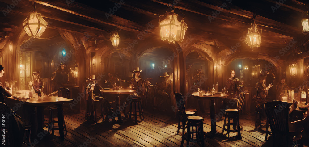 Artistic concept painting of a tavern at wild west times , background illustration.