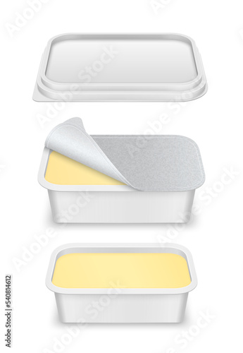 Vector white container with cap and silver foil for butter, margarine or cheese