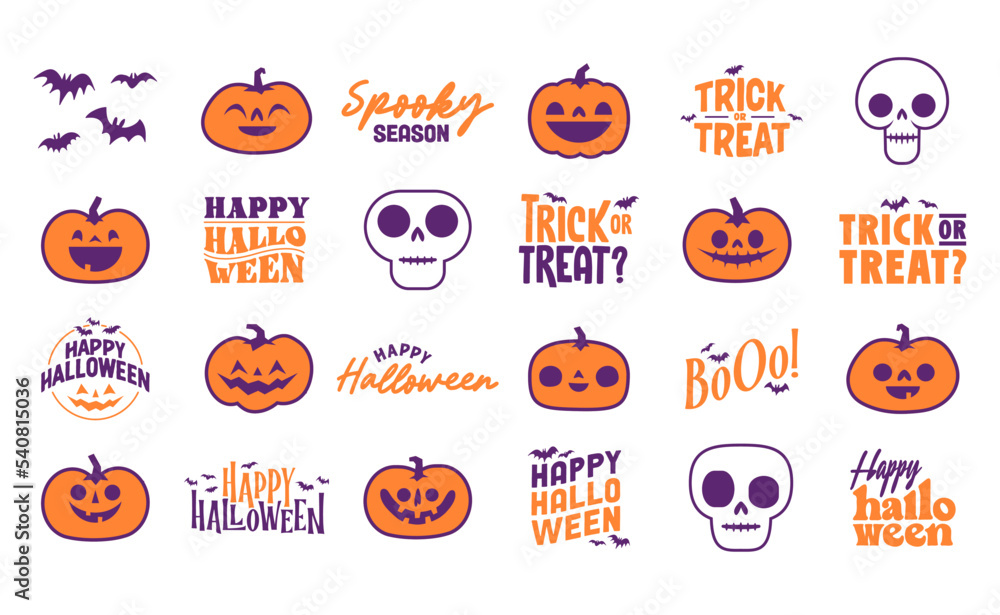 Set of Halloween icons. Vector illustration. Carved pumpkins, skulls and bats. Trick or treat spooky design. Set of Halloween icons. Vector illustration. Carved pumpkins, skulls and bats. Trick or treat spooky design.