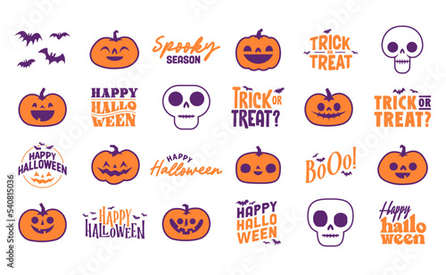 Set of Halloween icons. Vector illustration. Carved pumpkins  skulls and bats. Trick or treat spooky design.